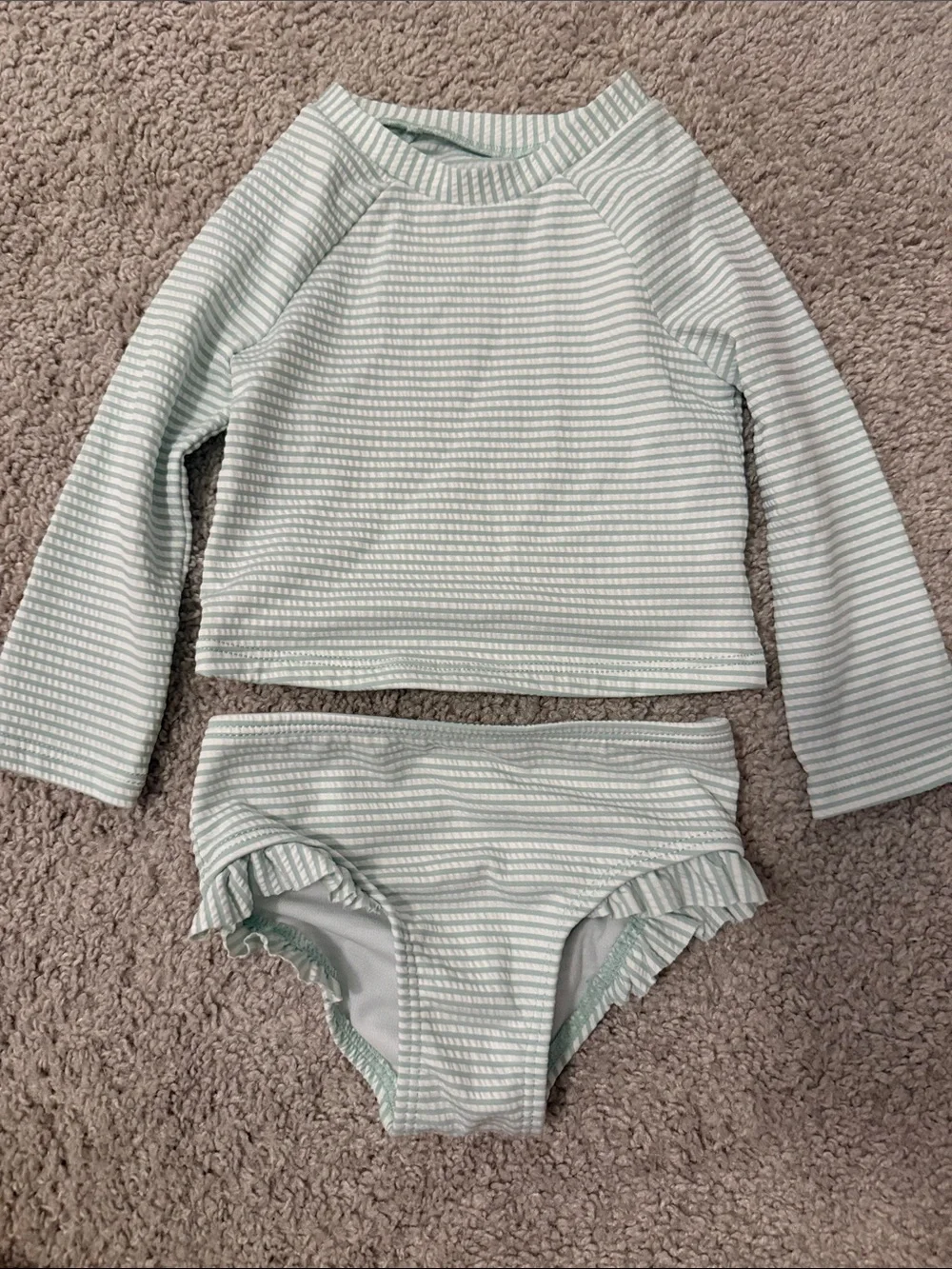 Cat & Jack Mint and White Striped Two-Piece Rash Guard Swim Set